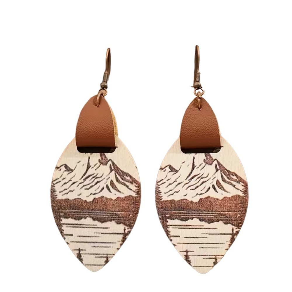 Mountain Lake Scene Wooden Drop Earrings with Leather Accent